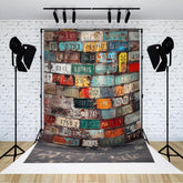 Lofaris Colorful License Plate Brick Wall Photo Backdrop